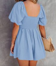 Load image into Gallery viewer, Pre-Order Blue Square Neck Ruched Puff Sleeve Romper