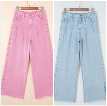 Load image into Gallery viewer, Pre-Order Studded Side Slit Leg Frayed Pocketed Wide Leg Jeans