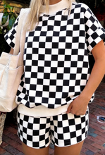Load image into Gallery viewer, Pre-Order Pink Checkered Print Color Block Trim Mock Neck Short Set