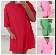 Load image into Gallery viewer, Pre-Order  Solid Color Raw Edge Half Sleeve Pocketed Loose Romper