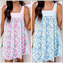 Load image into Gallery viewer, Pre-Order Floral Print Striped Patchwork Bow Knot Straps Mini Dress