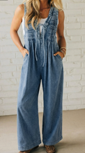 Load image into Gallery viewer, Pre-Order Dusk Blue Acid Wash Pintuck Tie V Neck Denim Wide Leg Jumpsuit