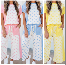 Load image into Gallery viewer, Pre-Order Color Block Patchwork Polka Dot Wide Leg Pant Sets