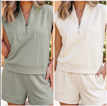 Load image into Gallery viewer, Pre-Order Quarter Zip Sleeveless Top Drawstring Shorts Casual 2pcs Outfits