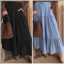 Load image into Gallery viewer, Pre-Order Elastic Waist Ruffled Tiered Flared Denim Maxi Skirt