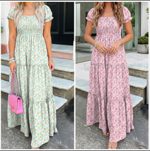 Load image into Gallery viewer, Pre-Order Green Floral Short Bubble Sleeve Shirred High Waist Maxi Dress