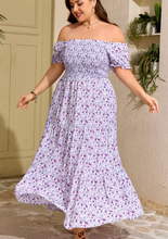 Load image into Gallery viewer, Pre-Order Purple Floral Short Bubble Sleeve Shirred High Waist Maxi Dress