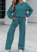 Load image into Gallery viewer, Pre-Order Green Stripe Dropped Shoulder Long Sleeve Top Elastic Waist Pants Casual 2pcs Set