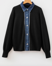 Load image into Gallery viewer, Pre-Order Black Drop Shoulder Placket Paneling Shirt Collar Long Sleeve Cardigan