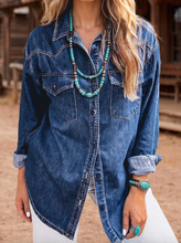 Load image into Gallery viewer, Pre-Order Western Patch Pockets Tunic Length Long Sleeve Denim Shirt