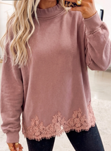 Load image into Gallery viewer, Pre-Order Solid Color Lace Splicing Hem Mock Neck Pullover Sweatshirt
