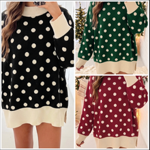Load image into Gallery viewer, Pre-Order Polka Dot Pattern Ribbed Colorblock Trim Mock Neck Split Tunic Sweate