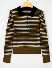 Load image into Gallery viewer, Pre-Order Green Stripe Striped Ribbed Knit Button Collar Sweater