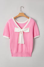 Load image into Gallery viewer, Ready to Ship Bonbon Colorblock Bow V-Shape Cut Back Short Sleeve Sweater