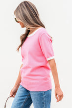 Load image into Gallery viewer, Ready to Ship Bonbon Colorblock Bow V-Shape Cut Back Short Sleeve Sweater