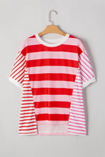 Load image into Gallery viewer, Ready to Ship Pink Stripe Patchwork Round Neck Side Split Loose T Shirt