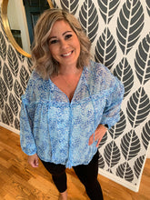 Load image into Gallery viewer, Blue Printed Ruffle Blouse