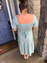 Load image into Gallery viewer, Calm mood midi dress with overlap top and back tie detail.