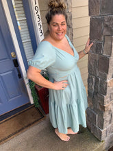 Load image into Gallery viewer, Calm mood midi dress with overlap top and back tie detail.