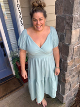 Load image into Gallery viewer, Calm mood midi dress with overlap top and back tie detail.