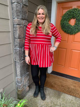 Load image into Gallery viewer, Red 3/4 Sleeve Ruffle Top with White Stripes