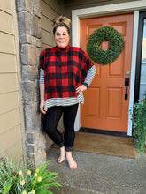 Load image into Gallery viewer, Red Buffalo Plaid Mock Neck Poncho Top with Striped Sleeve
