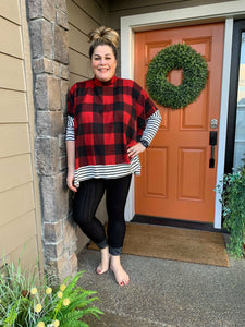 Red Buffalo Plaid Mock Neck Poncho Top with Striped Sleeve