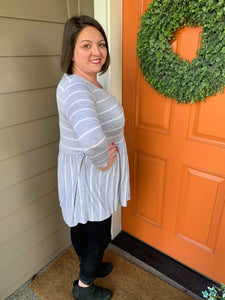 Heather Grey 3/4 Sleeve Ruffle Top with White Stripe