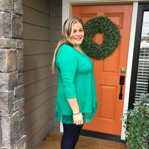 Kelly Green 3/4 Sleeve V-Neck Tunic with Lace Trim