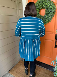 3/4 Sleeve Teal with White Stripe Ruffle Top