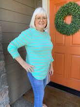 Load image into Gallery viewer, Mint with Coral Striped Long Sleeve Top