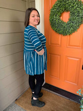 Load image into Gallery viewer, 3/4 Sleeve Teal with White Stripe Ruffle Top