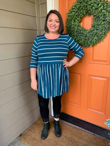 3/4 Sleeve Teal with White Stripe Ruffle Top