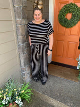 Load image into Gallery viewer, Black with White Stripes Rolled Sleeve Jumpsuit