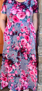 Grey & Pink Floral Maxi Dress