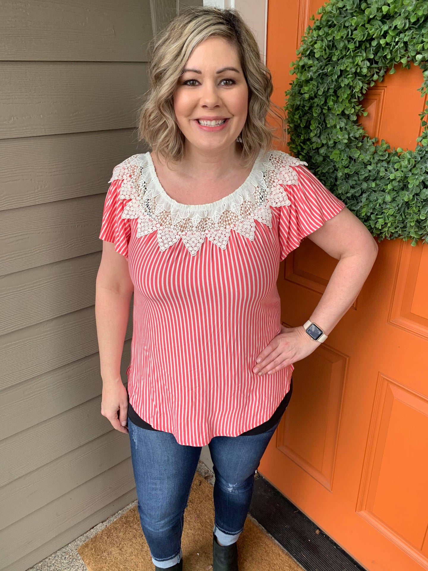 Coral and White Pinstripe Lace Accent Top