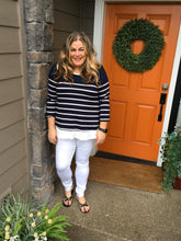 Load image into Gallery viewer, Navy &amp; White Stripe Ruffle Top