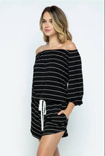 Load image into Gallery viewer, Black Off the Shoulder Striped Romper