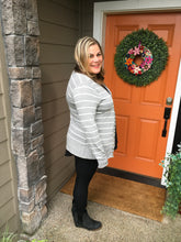 Load image into Gallery viewer, Heather Grey w/ White Stripes Long Sleeve Snap Cardigan