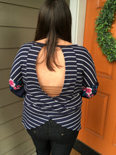Load image into Gallery viewer, Navy Stripe &amp; Floral Fun Back Top