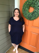 Load image into Gallery viewer, Navy V-Neck Rolled Sleeve Dress with Pockets