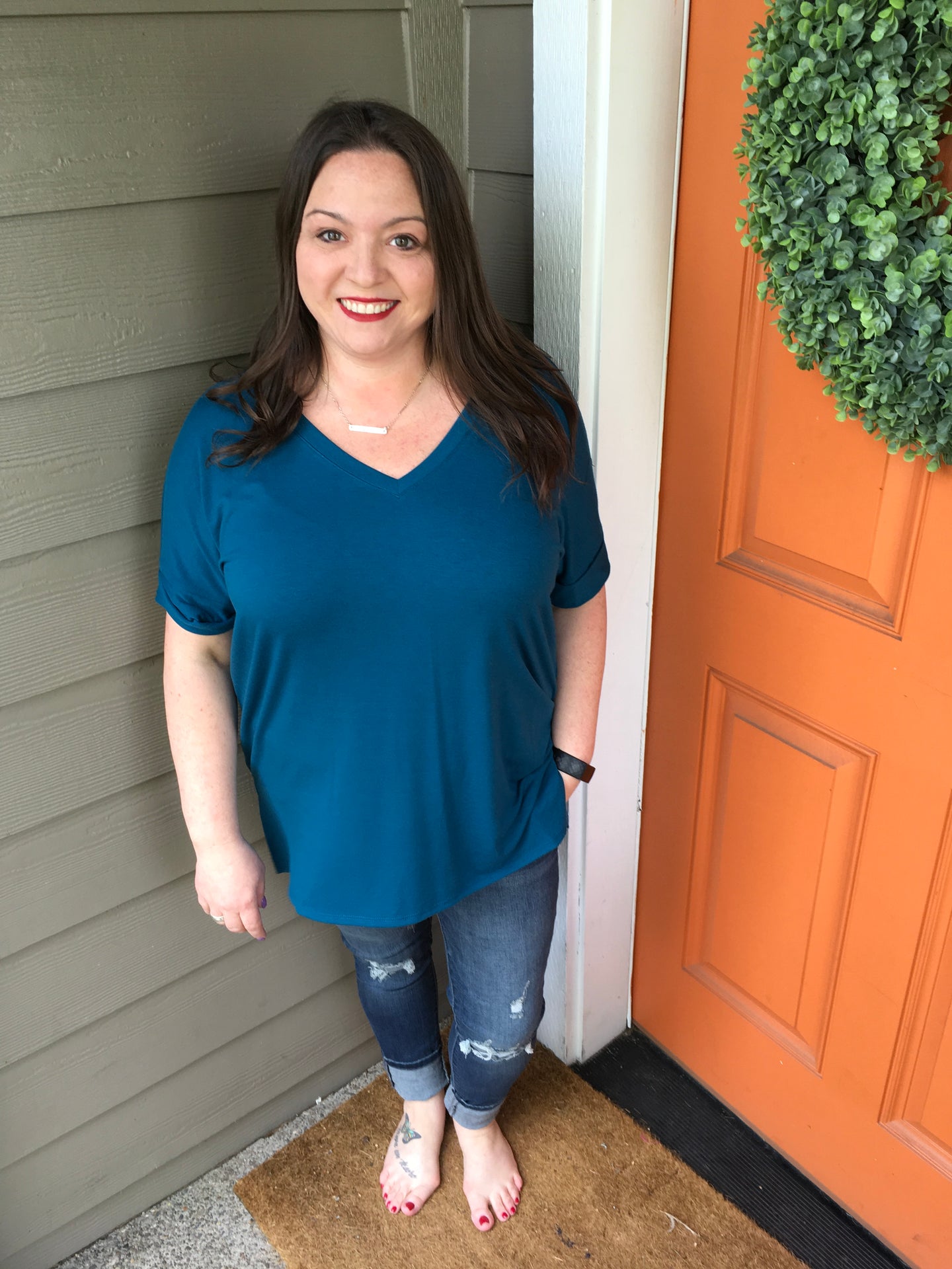 Teal V-Neck Top with Rolled Sleeves and Small Slide Slits