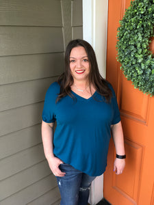 Teal V-Neck Top with Rolled Sleeves and Small Slide Slits