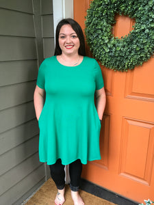 Green Round Neck Short Sleeve Tunic with Pocktes