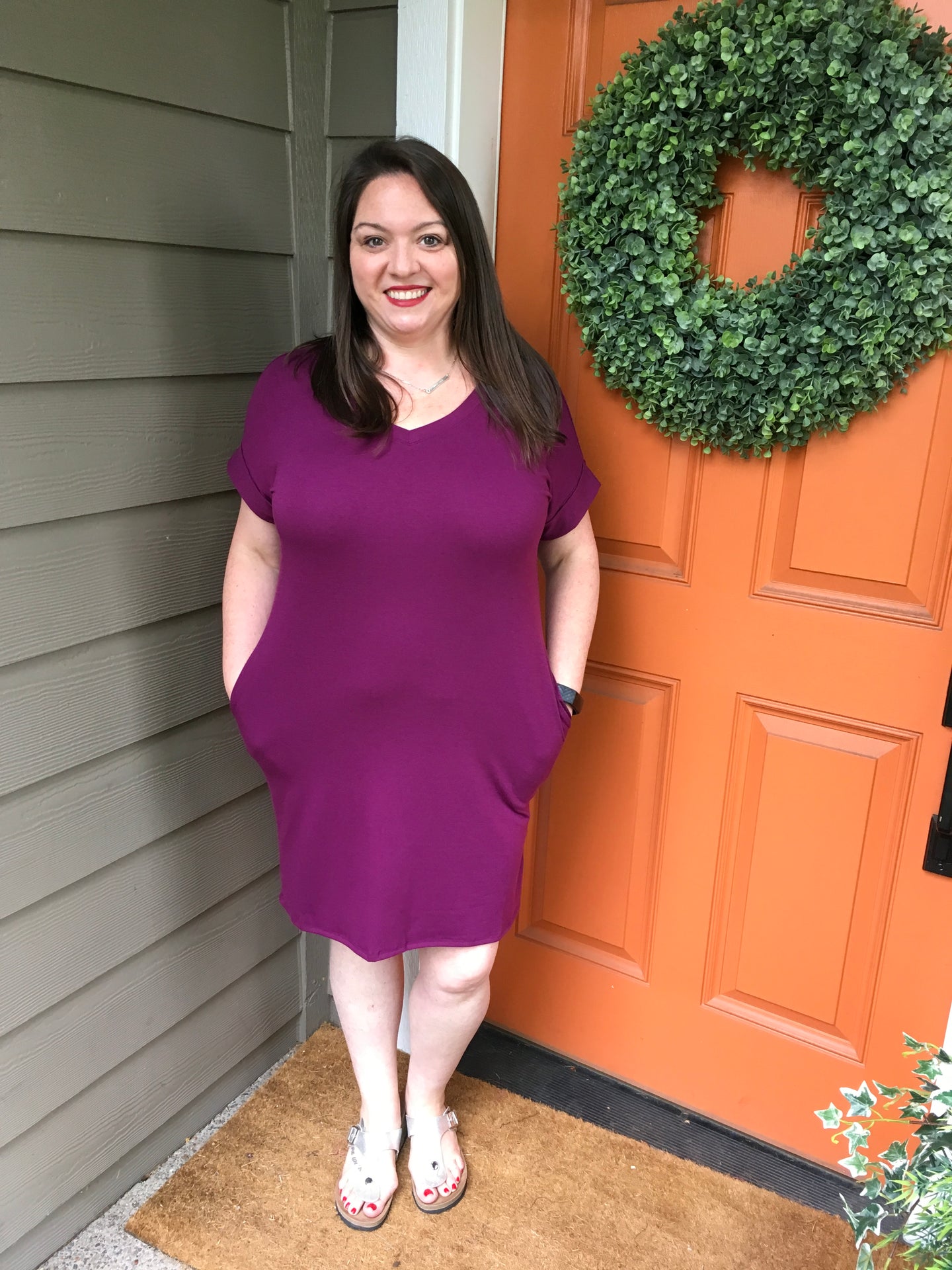 Plum V-Neck Rolled Sleeve Dress with Pockets