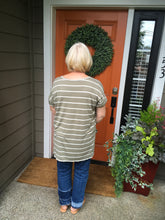 Load image into Gallery viewer, Light Olive Striped V-Neck Top with Rolled Sleeves and Small Slide Slits