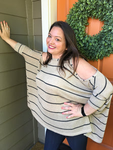 Taupe and Grey Cold Shoulder Boxy Sweater