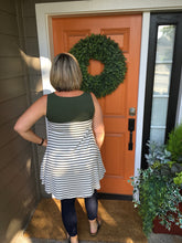 Load image into Gallery viewer, White &amp; Black Stripe Tank Tunic/Dress with Army Green Color Blocking