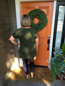 Army Green Rolled Sleeve V-Neck top with Side Slits