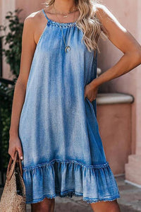 Pre-Order Blue Ruffle Trim Tie Back Denim Mini Dress